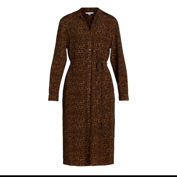 Brown Leopard Print Long Sleeve Shirt Midi Dress - Picture 2 of 6